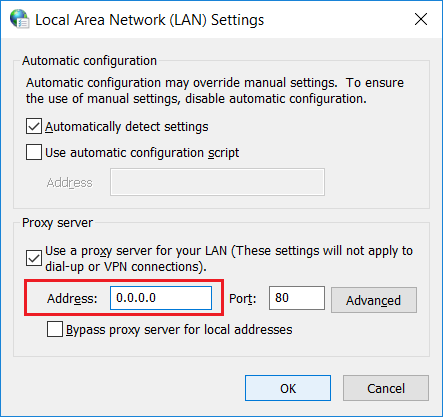 Checkmark Use a proxy server for your LAN option then type any fake IP address
