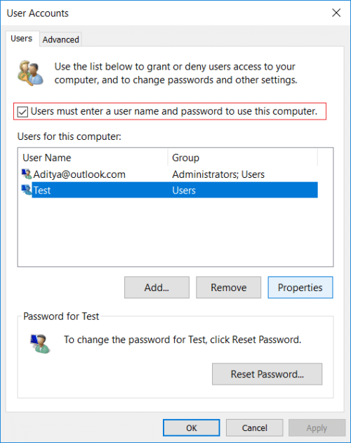 Checkmark Users must enter a username and password to use this computer