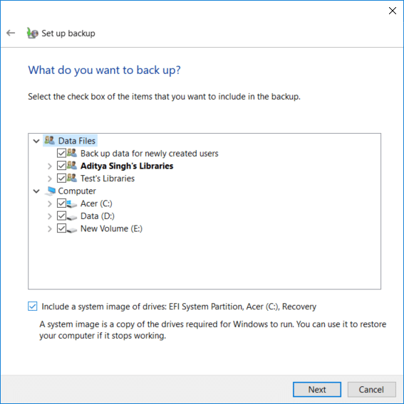 Checkmark every item on the What do you want to backup screen in order to create a full backup