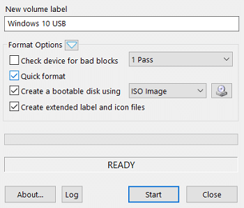 Checkmark quick format, create a bootable disk using ISO image