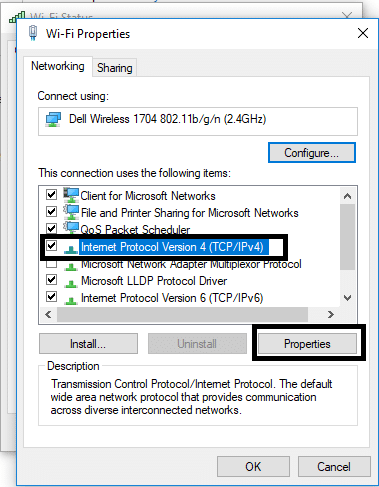 Choose Internet Protocol Version 4 (TCPIPv4) option and navigate to properties option