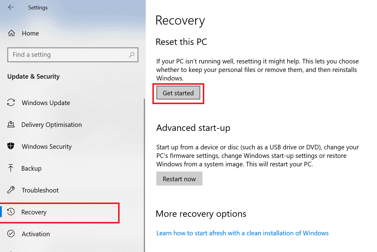 Выберите «Восстановление», а затем нажмите кнопку «Начать» под надписью «Сбросить этот компьютер».
