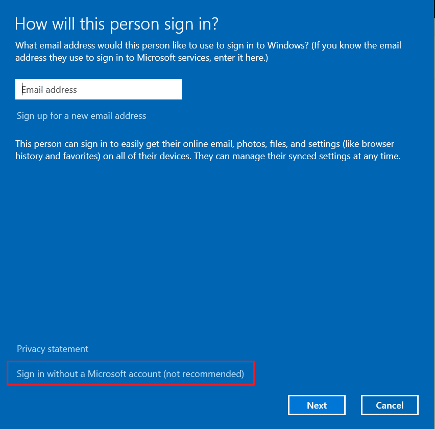 Choose Sign in without a Microsoft account (not recommended) option