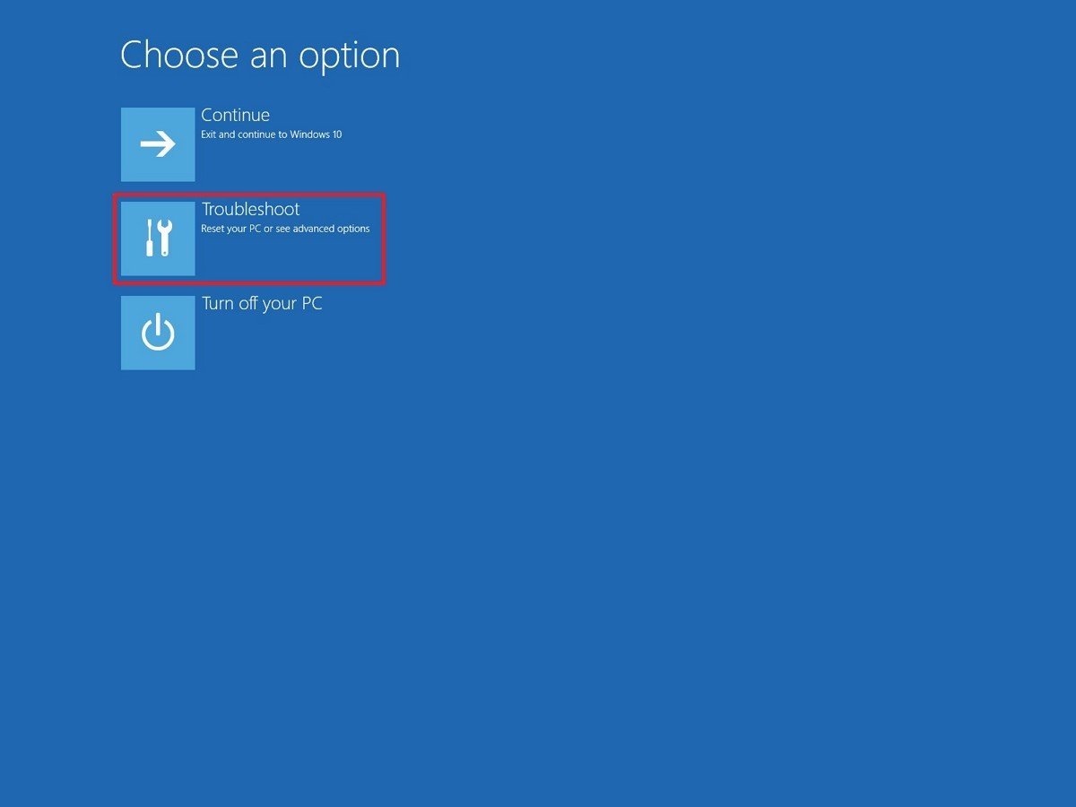 Choose Troubleshoot on the ‘Choose an option’ screen.
