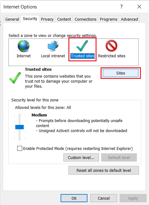 Choose Trusted Sites in Security tab of Internet Options in Internet Explorer. the content can’t be displayed because the S/MIME control isn’t available