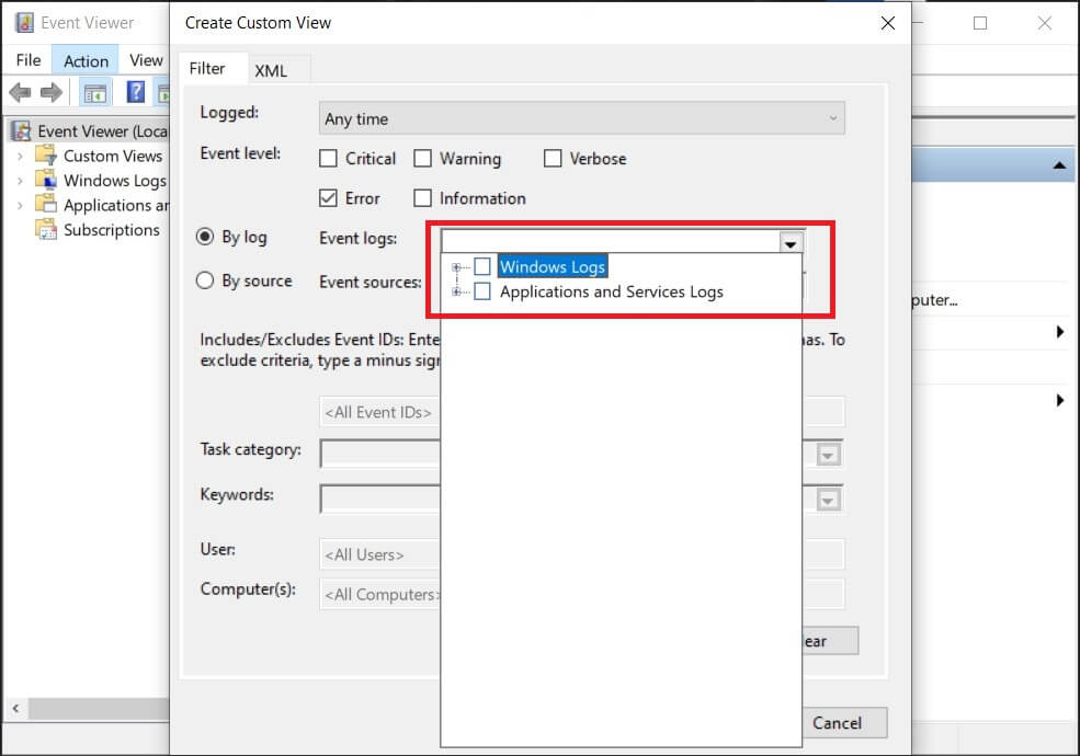 Choose Windows Logs in the Event log type dropdown.