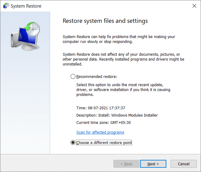 Choose a different restore point | Fix Windows 10 Won't Update