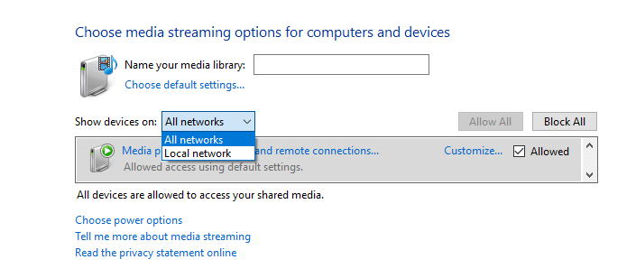 Choose all networks from dropdown menu corresponding to show devices on | Enable DLNA Server on Windows 10