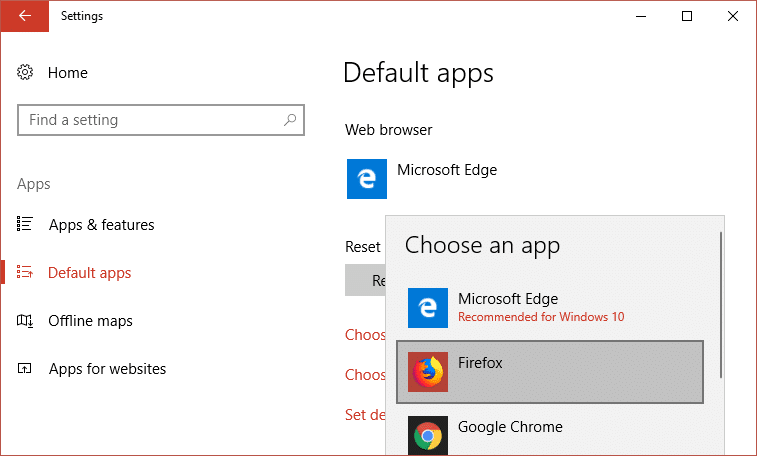 Choose default app for web browser such as Firefox or Google Chrome