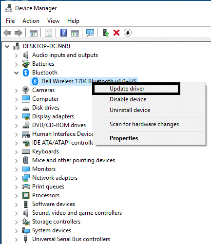 Choose the Bluetooth device and right click on it and choose Update Driver option