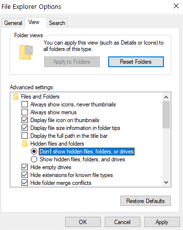 Choose the Don’t show hidden files, folders, or drives option | How to Remove desktop.ini File From Your Computer