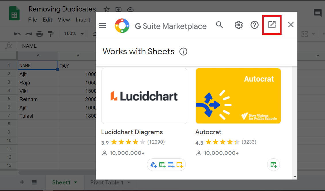 Choose the Launch icon (highlighted in the screenshot) to launch the G-Suite Marketplace