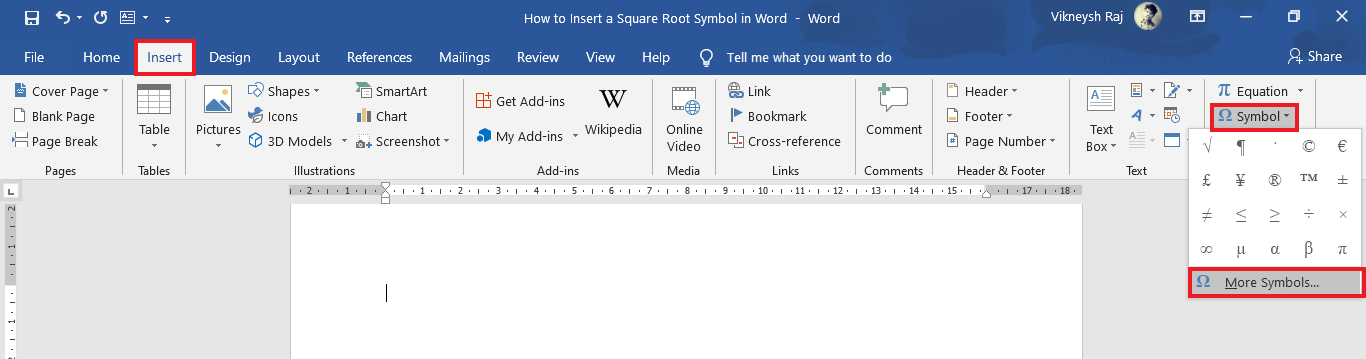 Choose the More Symbols option at the bottom of the drop-down box