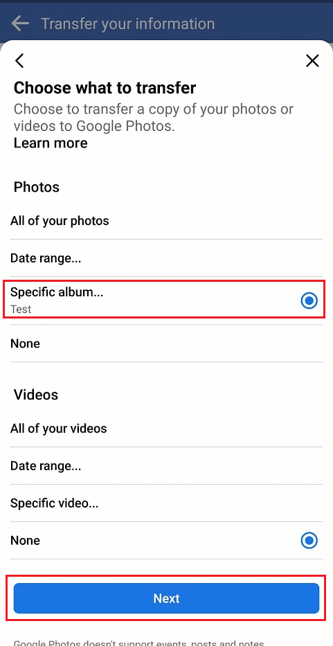Scegli il pulsante di opzione Album specifico... e tocca Avanti | Come scaricare tutte le foto di Facebook contemporaneamente