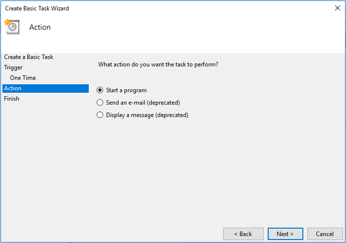 Выберите опцию «Запустить программу» и нажмите «Далее» | Установите автоматическое выключение в Windows 10