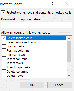 Choose the actions from the list that you want to allow in your protected sheet and click on ‘OK.’
