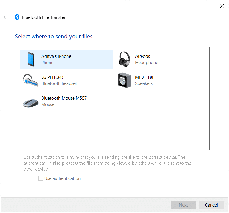 Choose the connected device from the Bluetooth File Transfer window