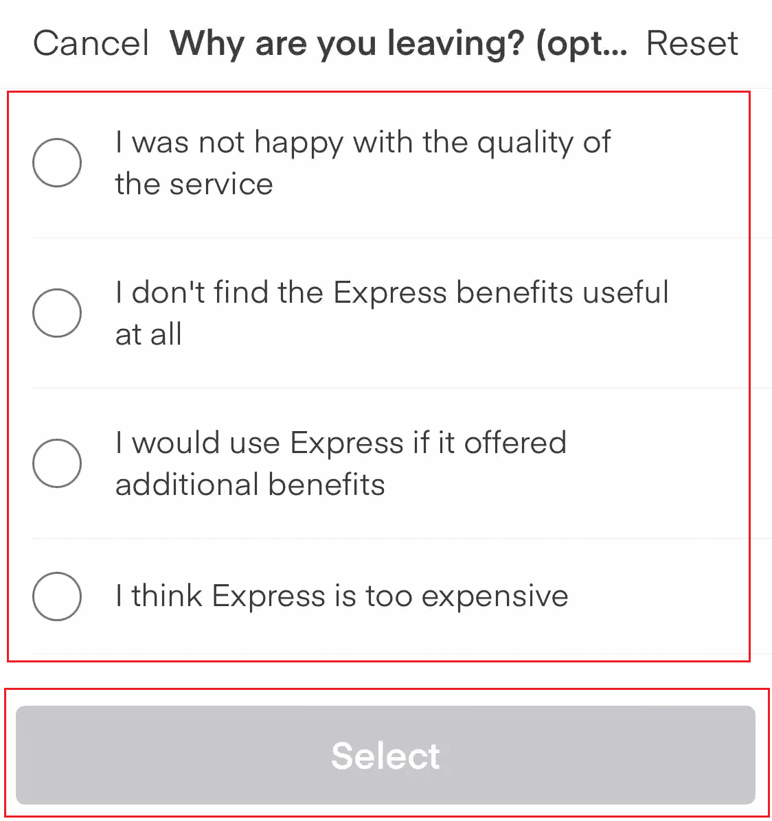 Choose the desired reason for leaving and then tap on Select