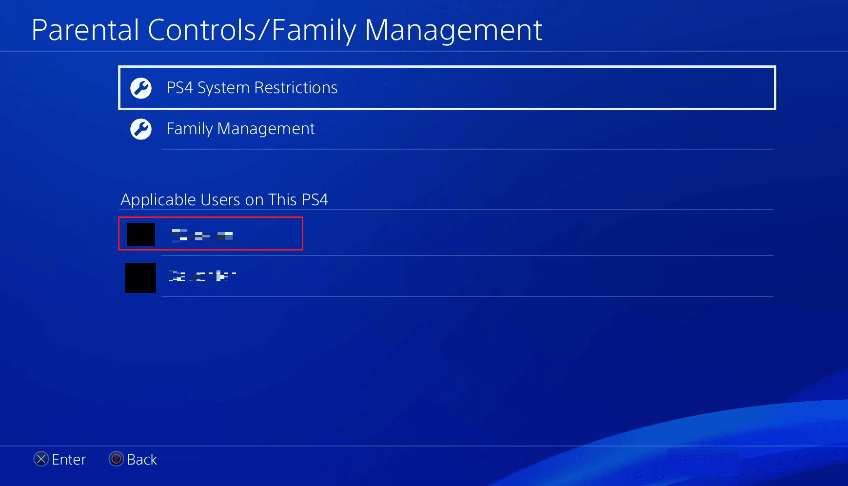 Choose the desired user for whom you wish to restrict access | How to Remove a Family Member on PS4 | change your child's account to a parent account on PS4