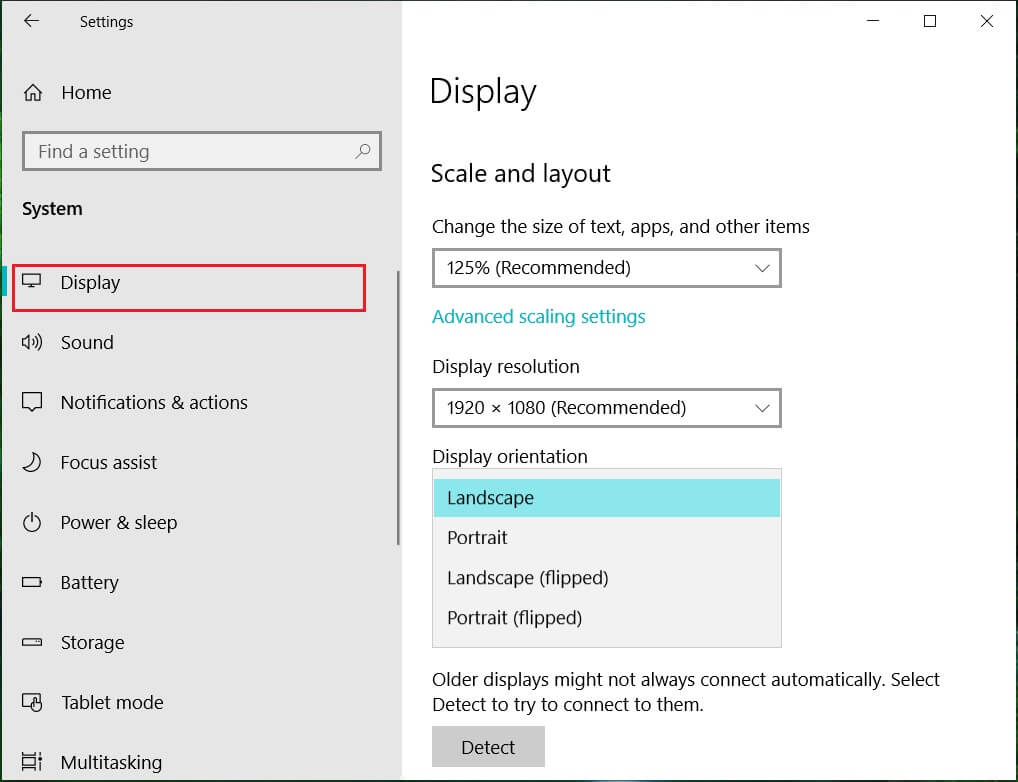 Choose the preferred option from the orientation menu