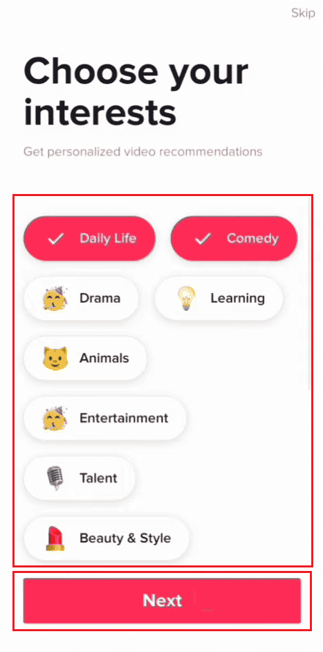 Choose your interests and tap on Next