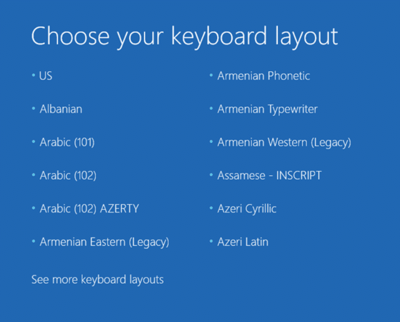 Choose your keyboard layout language and the Advanced Boot Options will automatically open up
