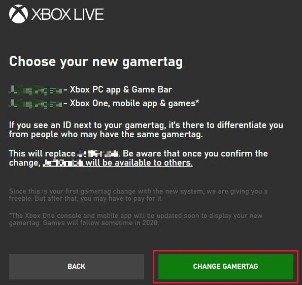 Choose your new Xbox gamertag select-CHANGE-GAMERTAG or Back