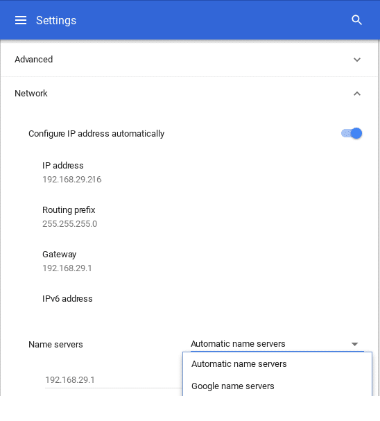 Chromebook Choose Name Server from drop-down