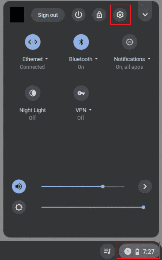 Chromebook Quick Settings panel - Settings gear icon