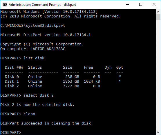Clean Disk using Diskpart Clean Command in Windows 10