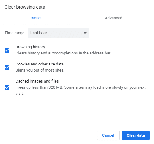 Clear browsing data dialog box will open up | Fix Slow Page Loading In Google Chrome