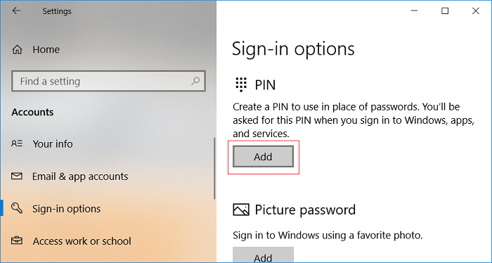 Click Add under PIN Sign-in options | How to Add a PIN to Your Account in Windows 10