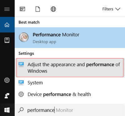 Click Adjust the appearance and performance of Windows