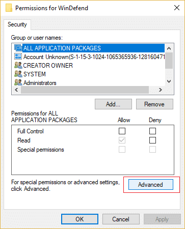 Click Advanced at the bottom of permissions window