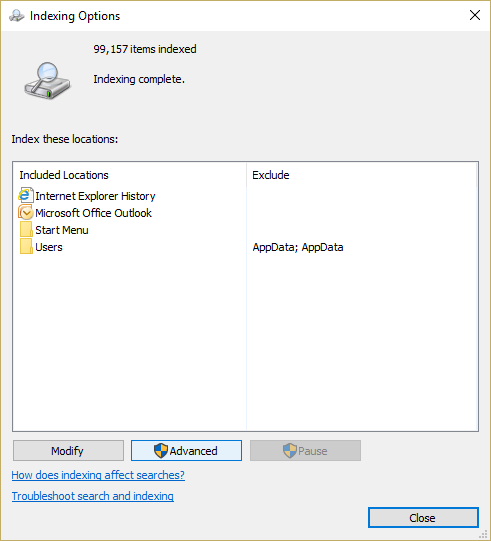 Click Advanced button in the bottom of Indexing Options window | Fix Searchindexer.exe High CPU Usage