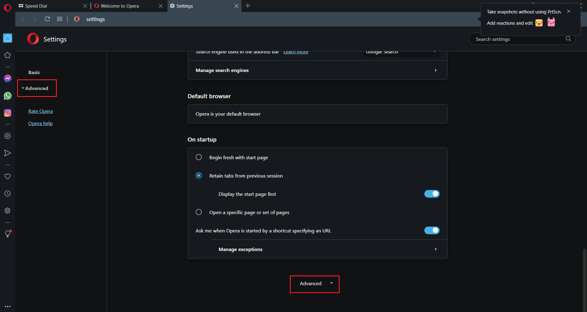 Click Advanced in left and right pane Opera settings