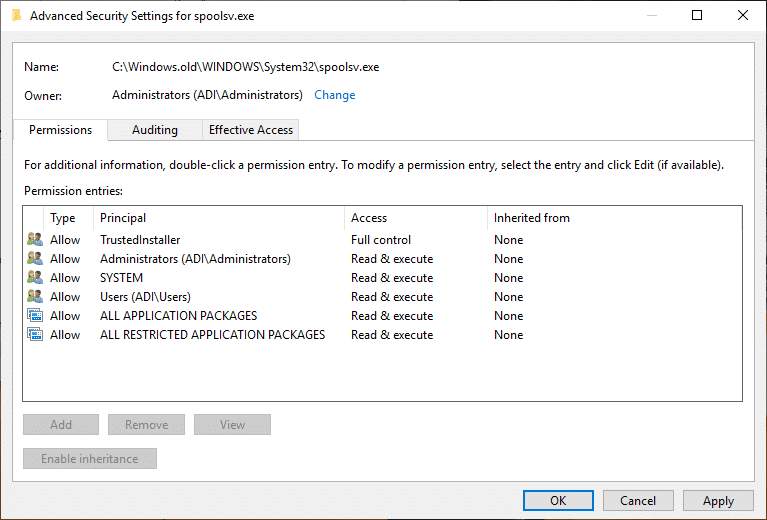 Click Apply followed by OK under Advanced Security Settings window of spoolsv.exe