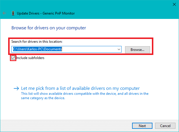 Click Browse button then checkmark Include subfolders | How to Update Device Drivers on Windows 10