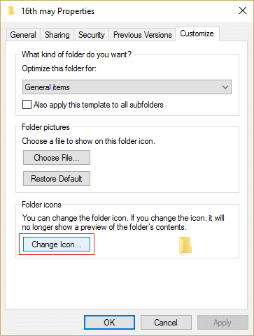 Click Change Icon under Folder icons in Customize tab