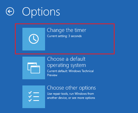 Click Change the timer under Options at boot menu
