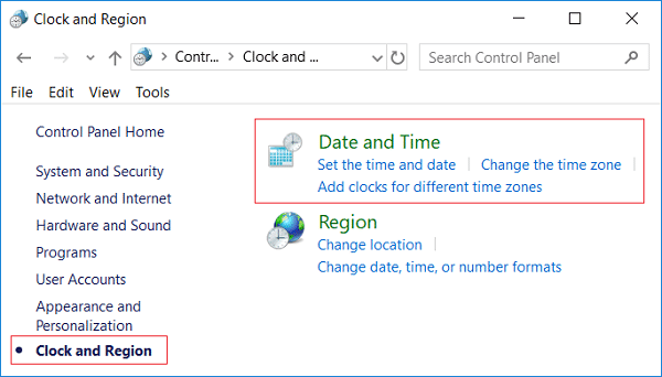 Click Date and Time then Clock and Region