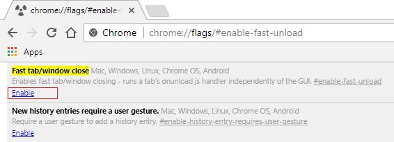 Click Enable under Fast tab/window close