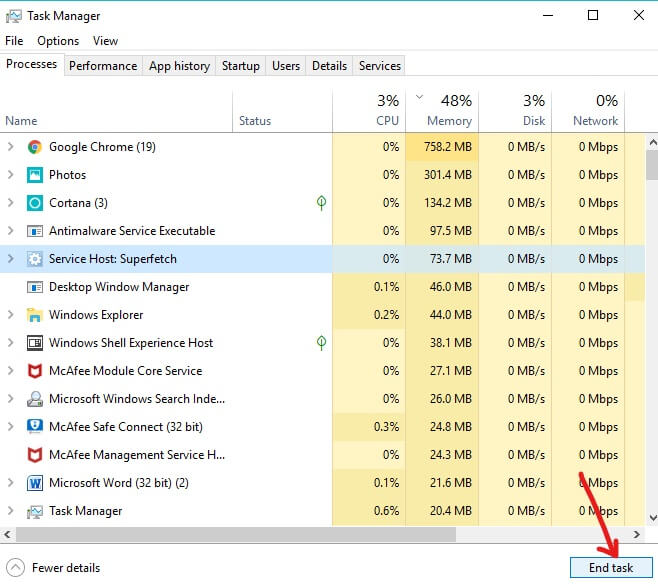 Click End Task for any unused programs | Fix Google Chrome Not Responding 