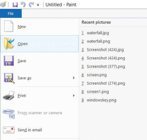 Click File from the Paint menu, select the option of Open from the list and click on it
