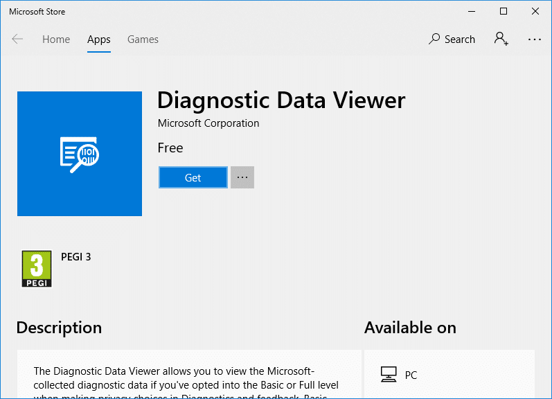 Haga clic en Obtener para descargar e instalar la aplicación Diagnostic Data Viewer