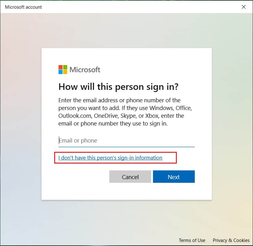 Click, I don’t have this person’s sign-in information in the bottom | Fix: Windows SmartScreen Can't Be Reached Right Now