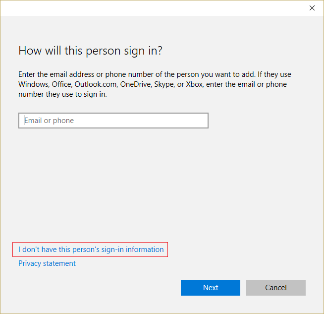 Click I don’t have this person’s sign-in information | Fix You'll need a new app to open this - ms-windows-store
