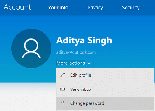 Click More actions then select Change password | How to change your Account Password in Windows 10