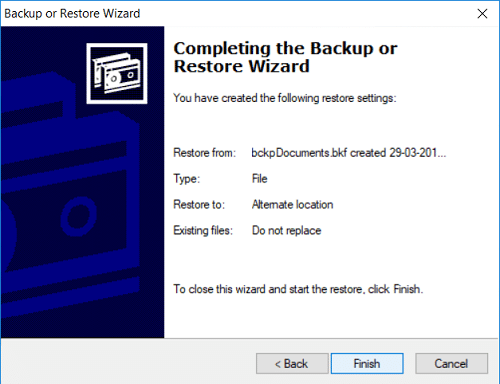 Click Next and then click Finish to complete the Backup wizard