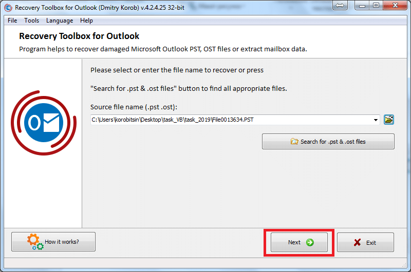 Click Next to start the analysis with Recovery Toolbox for Outlook
